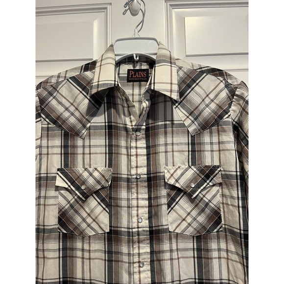Plains Shirt Western Cowboy Mens M Brown Pearl Snap Short Sleeve Vintage - Picture 2 of 6